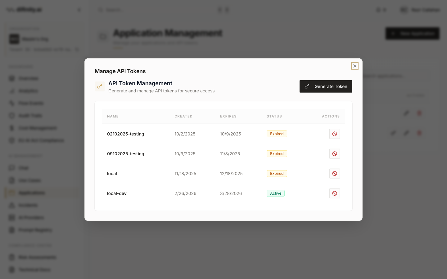 API tokens view