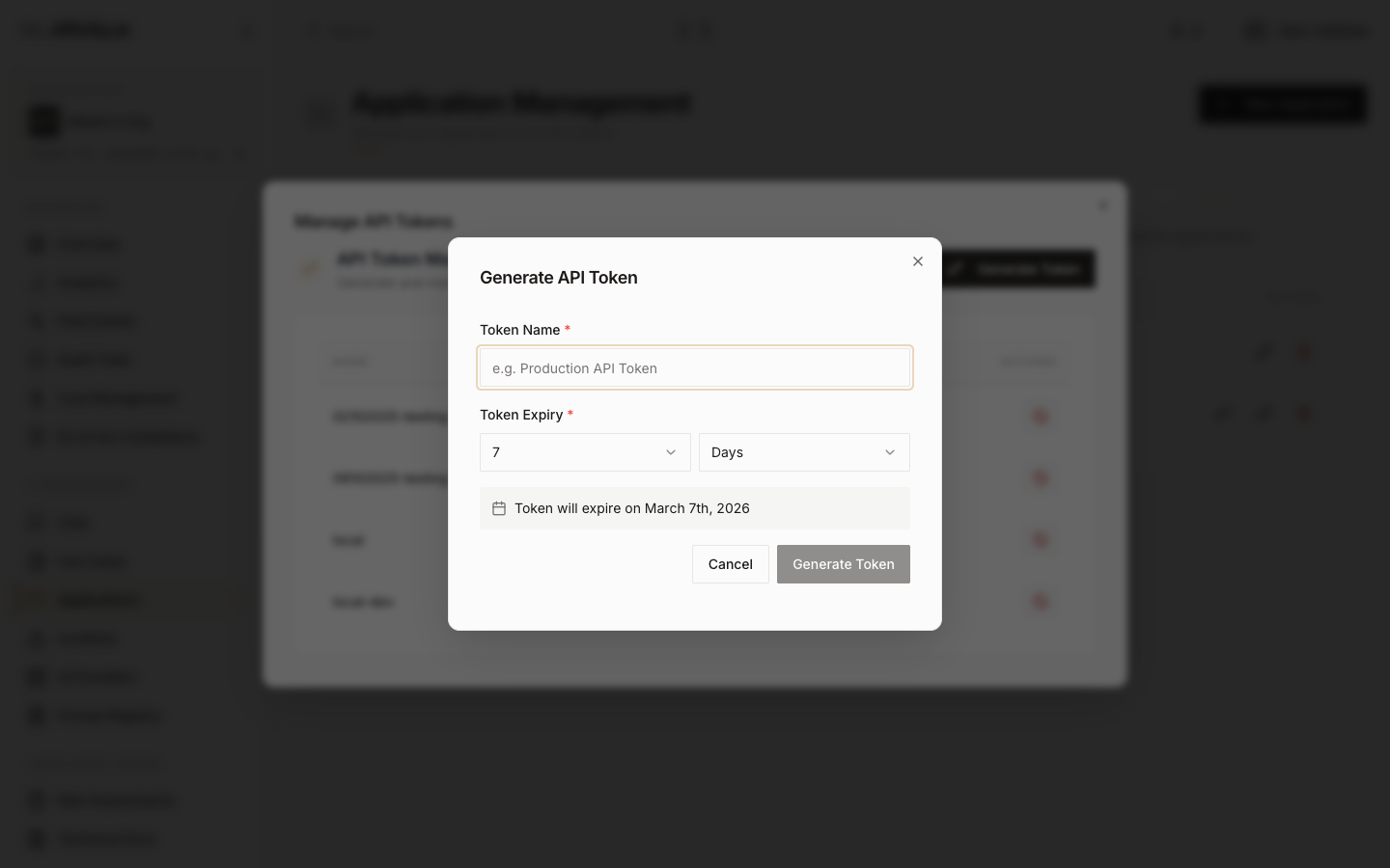 Generate token modal