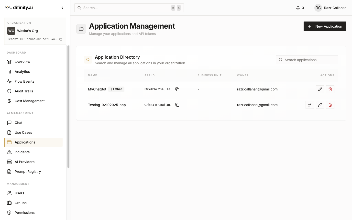 Applications list