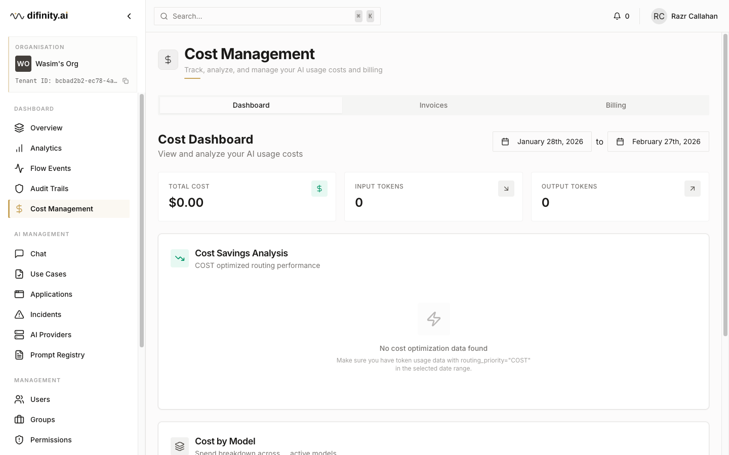 Cost management dashboard