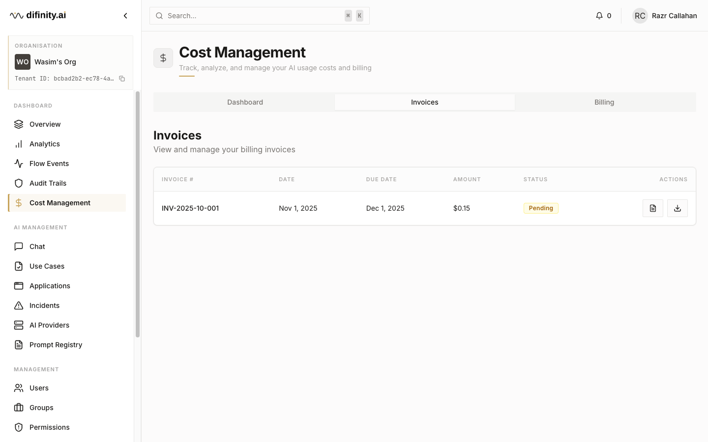 Cost management invoices