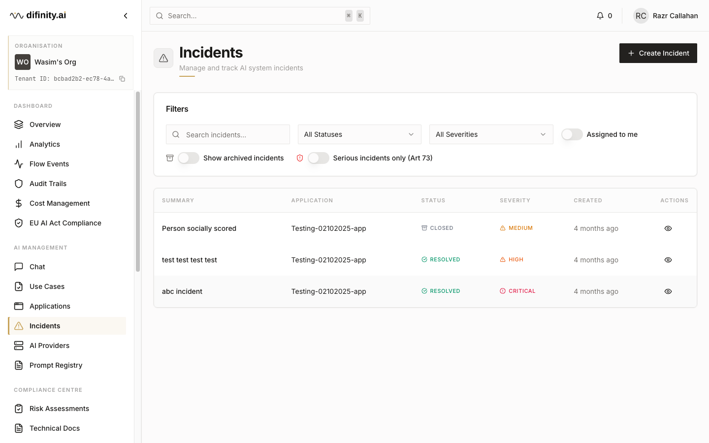 Incidents page