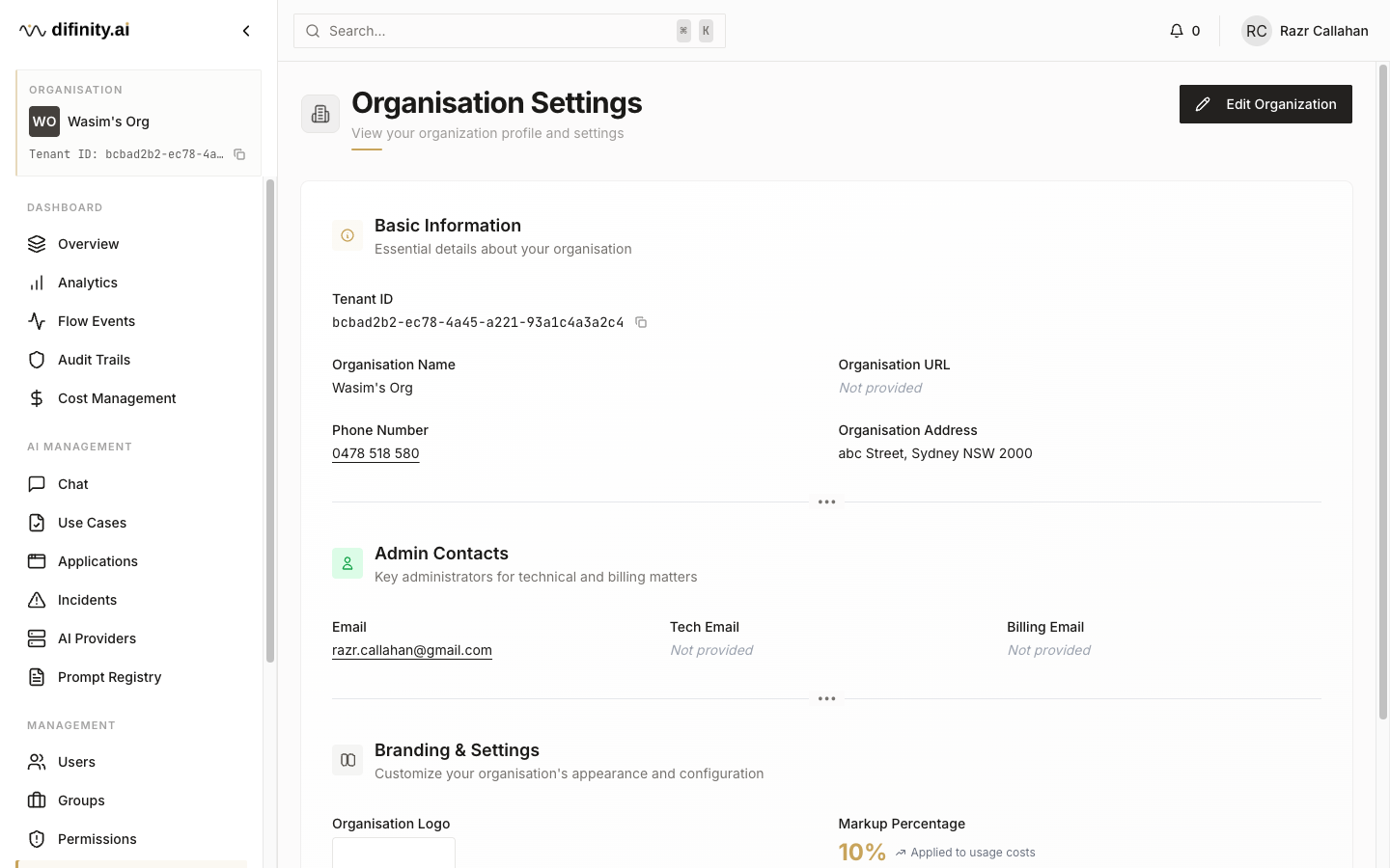 Organisation settings