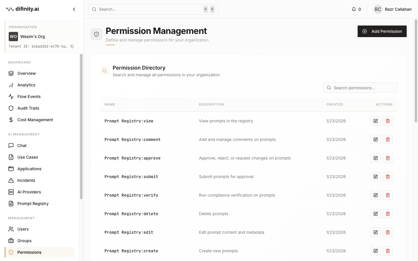 Permissions page