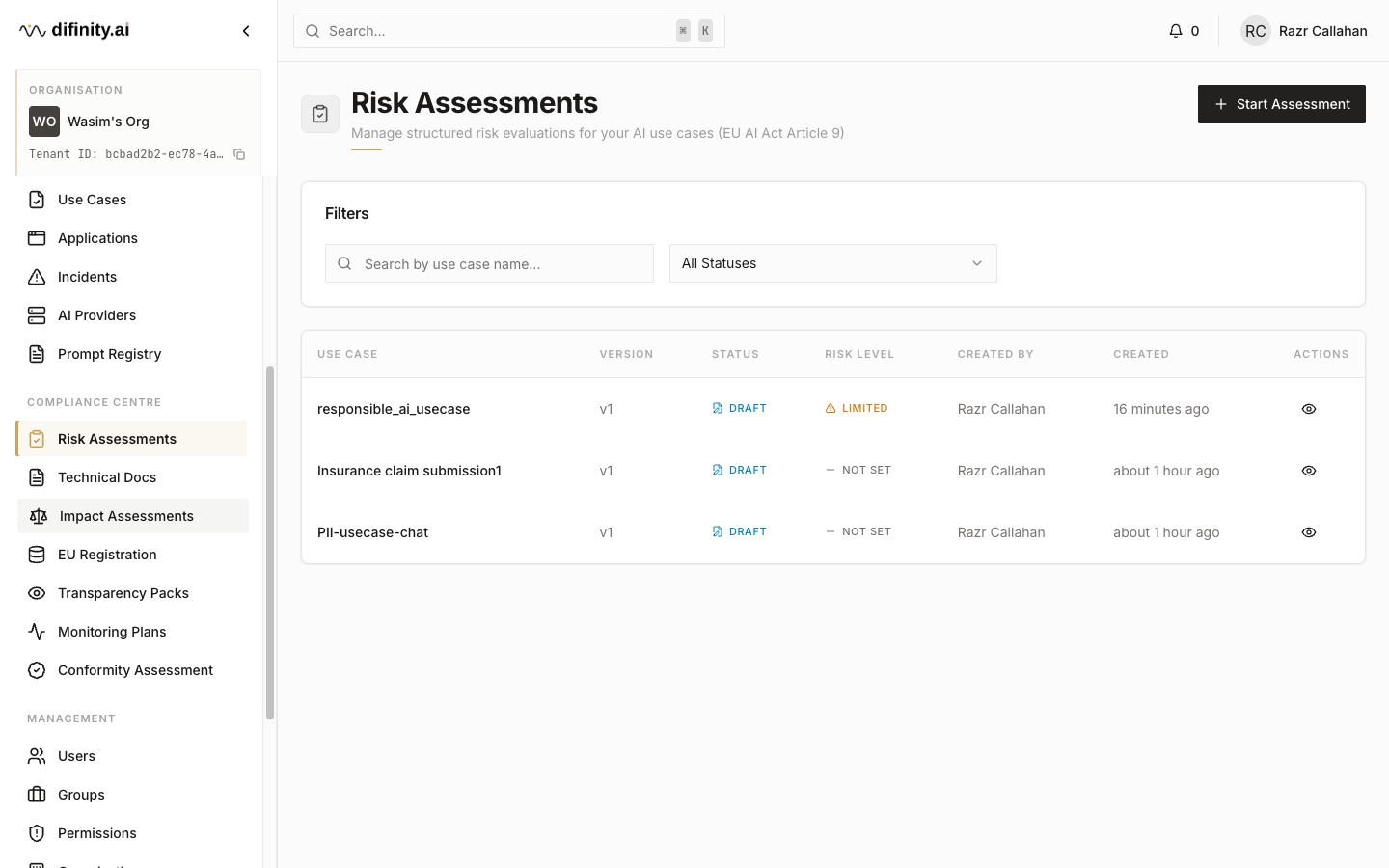 Risk assessments list
