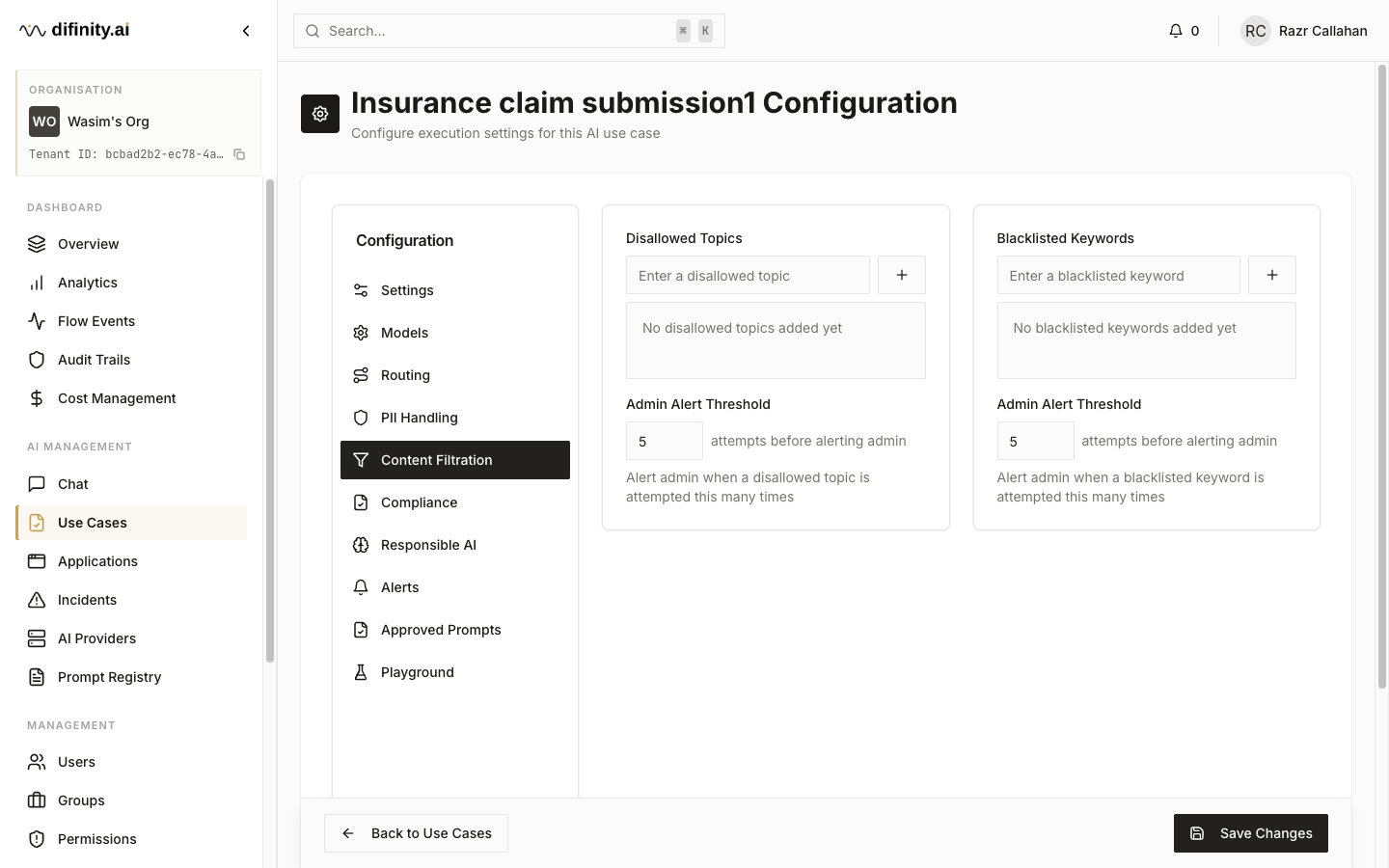 Content filtration tab