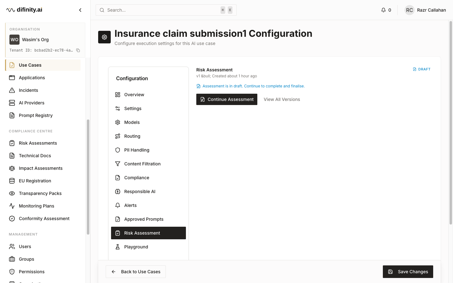Risk assessment tab